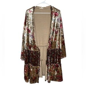 Easel Los Angeles Crushed Velvet Tiered Open Front Floral Kimono Small